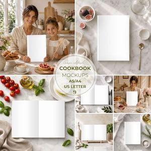 Può includere: Una collezione di mockup di libri di cucina vuoti in formato A5, A4 e US Letter, mostrati in vari ambienti cucina. Le immagini presentano copertine bianche e pagine aperte su superfici in marmo, accompagnate da fichi freschi e basilico.