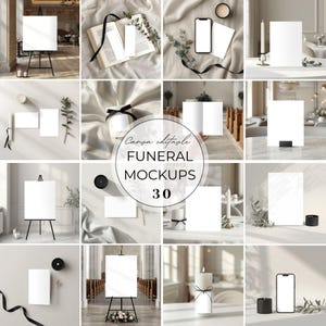 Könnte beinhalten: Eine Sammlung von 30 Trauer-Mockups mit leeren Karten, Staffeleien, Kerzen und einem Smartphone. Die Bilder sind in einer neutralen Farbpalette mit schwarzen Akzenten und Grün gehalten. Der Text "Canva editable FUNERAL MOCKUPS 30" befindet sich in der Mitte.