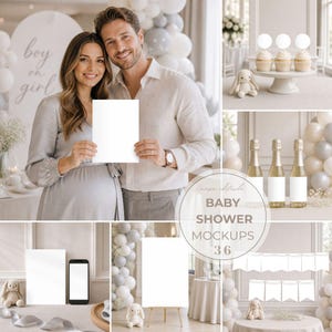 Lyxig babyshower Canva Mockup-paket Inbjudningsskylt Favoritetikett Spelkort Telefon Surfplatta Flaska Banner Redigerbar Mall