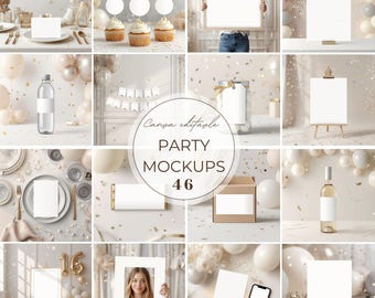 Paquete grande de maquetas de fiesta de cumpleaños en beige neutro para quinceañeras, invitaciones editables en Canva, pósteres, redes sociales, descarga instantánea