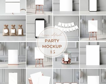 Plantillas de lienzo para maquetas de fiesta en gris neutro, letrero de bienvenida, pancarta de invitación, letrero de mesa, papelería para fiesta