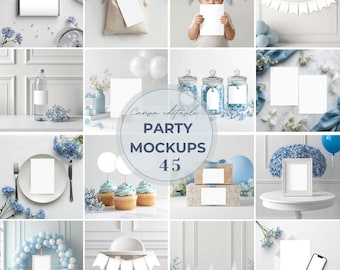 Paquete de maquetas grandes de fiesta en azul neutro para primer cumpleaños, baby shower, plantillas digitales editables de Canva, descarga instantánea