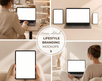 Paquete de maquetas de marca para portátiles y tabletas compatible con Canva. Maquetas de estilo de vida: Mujer usando un portátil o una tableta. Exhibición de producto digital para Etsy.