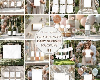 Conjunto de 41 plantillas de Canva para fiestas de baby shower en el jardín: letreros de bienvenida, pancartas, invitaciones, letreros de mesa, etiquetas para recuerdos, envoltorios para botellas de vino y chocolate.