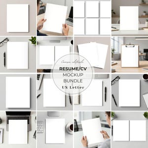 May include: A mockup bundle of US Letter resume and CV templates. The image features various arrangements of blank white paper, some held by hands, alongside office supplies like pens, glasses, and a laptop. The text "RESUME/CV MOCKUP BUNDLE US Letter" is displayed.