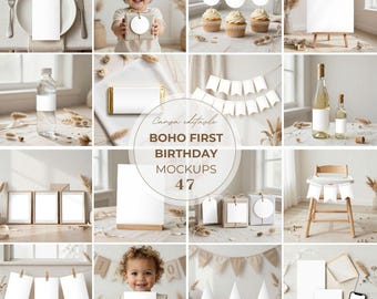 Paquete de maquetas de primer cumpleaños estilo boho en Canva, conjunto editable para fiesta de primer cumpleaños, pancarta de invitación, pancarta para silla alta, letrero de bienvenida, primer año.