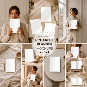 May include: A collection of blank white planner mockups in A5 and A4 sizes, presented in various settings including held by individuals, placed on textured surfaces, and arranged with coffee cups and pens, featuring the text Pinterest Planner Mockups.