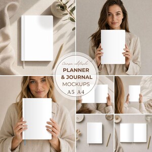 May include: A collection of white hardcover planners and journals. The image includes a variety of mockups, with some held by a person. The text in the image reads "Canva editable PLANNER & JOURNAL MOCKUPS A5 A4".