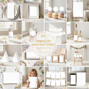 Puede incluir: Una colección de maquetas para una fiesta de primer cumpleaños con temática primaveral. Incluye cupcakes, botellas de vino, marcos en blanco, cajas de regalo y un niño sosteniendo un papel en blanco. El texto central dice "42 Spring 1st Birthday Party Mockups".