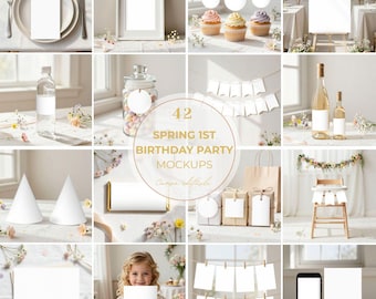 Paquete de 42 maquetas para fiesta de primavera con temática bohemia neutra: invitaciones, pancartas de cumpleaños, menús, tarjetas, baby shower, decoración para primer cumpleaños