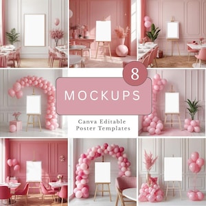 Pink poster and welcome sign mockups birthday party designs editable in canva blush aesthetic image 1