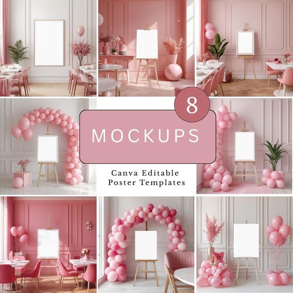 Pink poster and welcome sign mockups birthday party designs editable in canva blush aesthetic