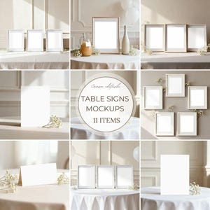 May include: A collection of table sign mockups with white frames and blank spaces for text. The image includes various arrangements of frames, a jug of liquid, and decorative flowers. The text "TABLE SIGNS MOCKUPS 11 ITEMS" is displayed in a circular design.