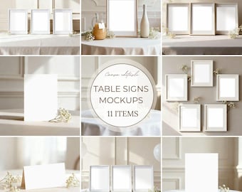 Paquete de 11 maquetas beige neutras de Canva, maquetas de letreros de mesa, maquetas de invitaciones, maquetas de etiquetas para pies, maquetas de letreros de boda, maquetas de papelería para eventos.