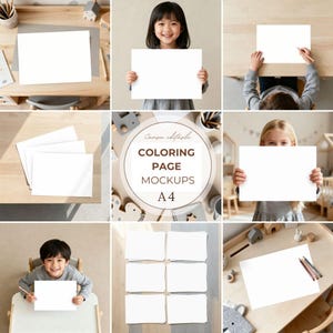 Op de afbeelding: Een verzameling mockups met blanco witte A4-vellen. De afbeeldingen tonen het papier dat door kinderen wordt vastgehouden en op houten oppervlakken is geplaatst, ideaal voor kleurplaatontwerpen. De tekst "COLORING PAGE MOCKUPS A4" is ook zichtbaar.