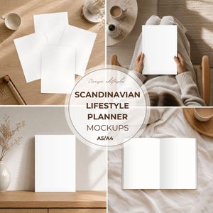 May include: A collection of blank white planner mockups featuring A5 and A4 paper sizes. The images display various arrangements of empty notebooks and loose sheets on wooden surfaces and fabric, with text overlay reading CANVA EDITABLE SCANDINAVIAN LIFESTYLE PLANNER MOCKUPS A5/A4.