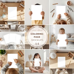 Può includere: Un collage di nove immagini che mostrano mockup di carta A4 vuoti. Le immagini mostrano bambini che tengono o interagiscono con la carta, insieme a pastelli e giocattoli. Il testo "Canva editable COLORING PAGE MOCKUPS A4" è visualizzato in un design circolare.