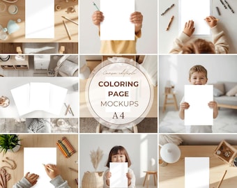 9 maquetas para colorear para niños, páginas A4 para colorear, hojas de trabajo, hojas de actividades, maquetas digitales imprimibles, compatibles con Canva.