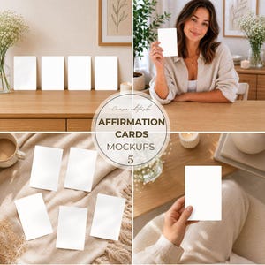 May include: A set of blank white rectangular affirmation cards shown in various arrangements, including standing on a wooden surface, held in hand, and displayed on a textured fabric, featuring a clean design for custom text and graphics.