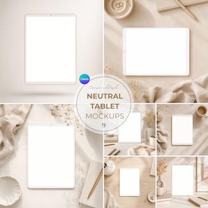 May include: A collection of digital tablet mockups featuring blank white screens in various orientations and settings. The images display tablets in neutral, light-toned environments with soft lighting, clean surfaces, and subtle decorative elements.
