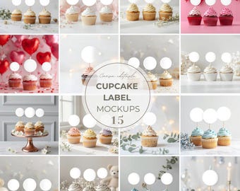 Conjunto de maquetas de etiquetas para cupcakes en Canva (estilo editable). Maqueta de empaque para panadería, ideal para etiquetas de muffins y presentaciones de marcas de postres.