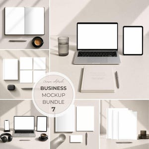 May include: A business mockup bundle featuring a laptop, tablet, smartphone, notebook, and stationery. The image includes a cup of coffee, a glass of water, and a pair of headphones. The text in the image says "BUSINESS MOCKUP BUNDLE 7".