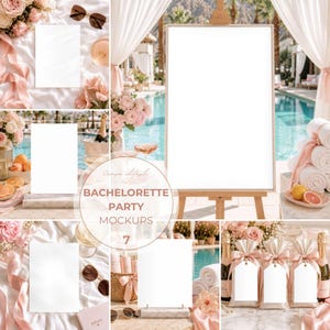 Op de afbeelding: Een samengestelde afbeelding met mockups voor een vrijgezellenfeest. De scène bevat blanco kaarten, een ezel, zonnebrillen, bloemen, champagne en handdoeken. Het kleurenpalet is zacht, met roze, wit en een zwembad op de achtergrond. De tekst op de afbeelding luidt "Bachelorette Party Mockups 7".