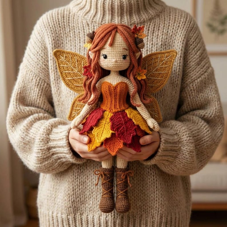 A handmade crochet autumn fairy doll with a light skin tone, wearing an orange corset and a layered red, yellow, and orange leaf skirt, with brown lace-up boots. The doll has long wavy auburn hair and four large golden leaf-shaped wings with embroidered vein details. The doll is being held up by a hand. A blurred outdoor autumn foliage background is behind.