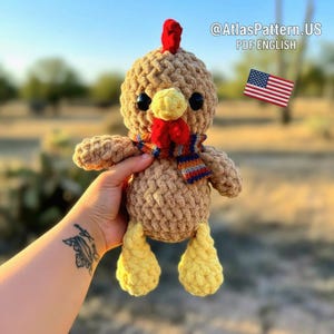 May include: A handmade crochet chicken doll with a red comb, yellow beak and feet, and a colorful scarf. The doll is tan with black eyes. The text "@AtlasPattern.US PDF ENGLISH" is visible. An American flag is also visible.