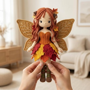 A handmade crochet autumn fairy doll with a light skin tone, wearing an orange corset and a layered red, yellow, and orange leaf skirt, with brown lace-up boots. The doll has long wavy auburn hair with acorn accessories and golden leaf-shaped wings. The doll is being held up by two hands. A blurred neutral living room is in the background.