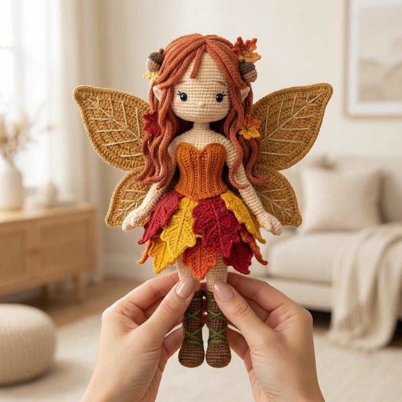 A handmade crochet autumn fairy doll with a light skin tone, wearing an orange corset and a layered red, yellow, and orange leaf skirt, with brown lace-up boots. The doll has long wavy auburn hair with acorn accessories and golden leaf-shaped wings. The doll is being held up by two hands. A blurred neutral living room is in the background.
