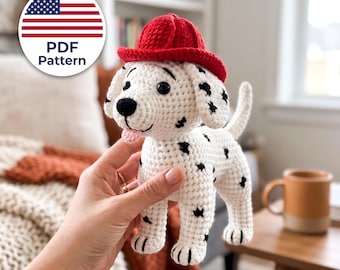 Crochet Dalmatian Dog Pattern, Red Hat Plush Toy (PDF Download)
