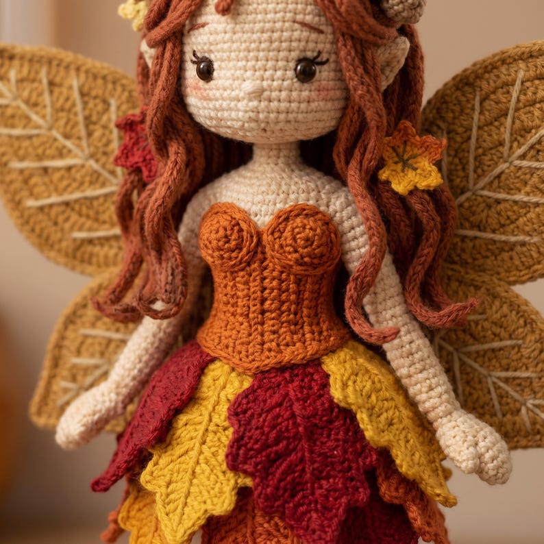 Autumn Fairy Crochet Doll Pattern, Layered Leaf Skirt, Lace-Up Boots (PDF) image 2
