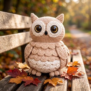 May include: A crocheted owl stuffed toy featuring a light tan body with a cream-colored belly and chest. The owl has large, round, dark brown eyes with black pupils, a small black beak, and pointed ear tufts. The texture is made of yarn.