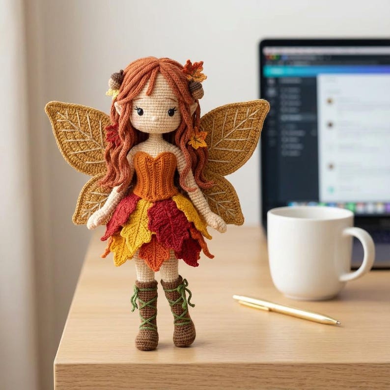 A handmade crochet autumn fairy doll with a light skin tone, wearing an orange corset and a layered red, yellow, and orange leaf skirt, with brown lace-up boots. The doll has long wavy auburn hair with acorn accessories and golden leaf-shaped wings. The doll is standing on a light wood desk. A white coffee mug and gold pen are to the right.
