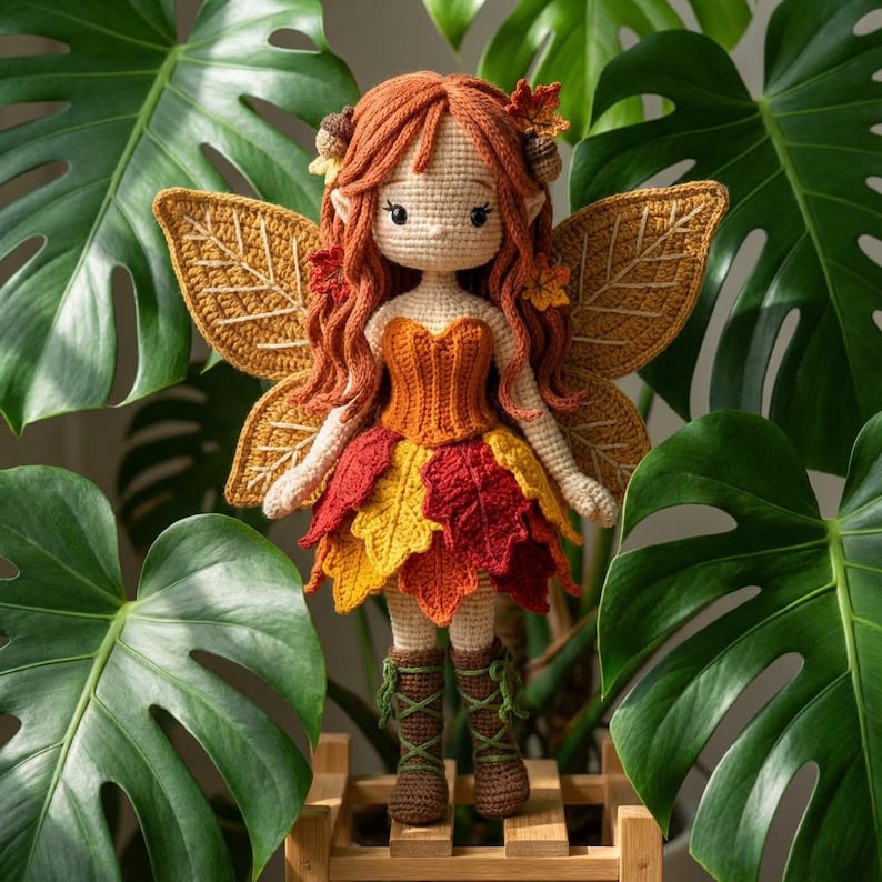 A handmade crochet autumn fairy doll with a light skin tone, wearing an orange corset and a layered red, yellow, and orange leaf skirt, with brown lace-up boots. The doll has long wavy auburn hair with acorn accessories and golden leaf-shaped wings. The doll is being cradled in two hands. A person wearing a cream knit sweater is holding the doll.