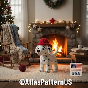 May include: A crocheted Dalmatian dog wearing a red hat, with black spots, stands on a white rug. A red ball is on the rug. The background includes a fireplace, a rocking chair, and a Christmas tree. The text "@AtlasPatternUS" is at the bottom.