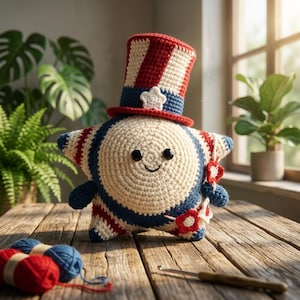 May include: A crocheted star-shaped plush toy with a cream-colored face, black button eyes, and a small stitched smile. It wears a red, white, and blue striped top hat with a white star accent. The body features red and blue accents and floral details.