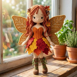 A handmade crochet autumn fairy doll with a light skin tone, wearing an orange corset and a layered red, yellow, and orange leaf skirt, with brown lace-up boots. The doll has long wavy auburn hair with acorn accessories and golden leaf-shaped wings. The doll is standing on a stack of vintage books. A cozy armchair with a knit throw blanket is to the right.