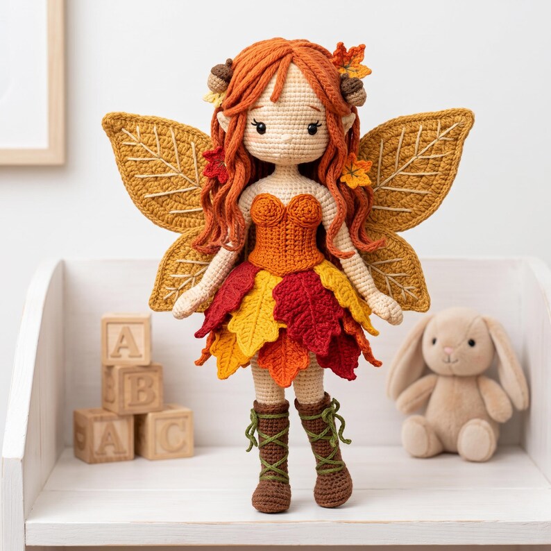 Autumn Fairy Crochet Doll Pattern, Layered Leaf Skirt, Lace-Up Boots (PDF) image 6