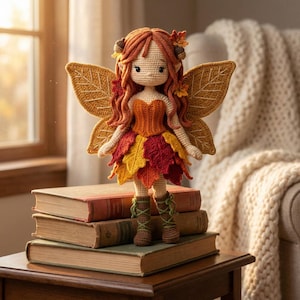 A handmade crochet autumn fairy doll with a light skin tone, wearing an orange corset and a layered red, yellow, and orange leaf skirt, with brown lace-up boots. The doll has long wavy auburn hair with acorn accessories and golden leaf-shaped wings. The doll is standing on a white shelf. Wooden alphabet blocks and a plush bunny are to the right.
