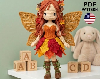 Autumn Fairy Crochet Doll Pattern, Layered Leaf Skirt, Lace-Up Boots (PDF)