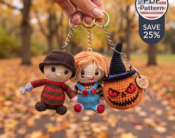 Halloween keychain, Horror Amigurumi Keychain Bundle, Freddy, Chucky, Pumpkin Crochet Patterns (PDF)