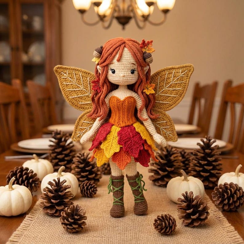 A handmade crochet autumn fairy doll with a light skin tone, wearing an orange corset and a layered red, yellow, and orange leaf skirt, with brown lace-up boots. The doll has long wavy auburn hair with acorn accessories and golden leaf-shaped wings. The doll is standing on a burlap table runner. White pumpkins and pine cones are surrounding the doll.