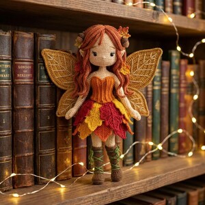 A handmade crochet autumn fairy doll with a light skin tone, wearing an orange corset and a layered red, yellow, and orange leaf skirt, with brown lace-up boots. The doll has long wavy auburn hair with acorn accessories and golden leaf-shaped wings. The doll is standing on a wooden bookshelf. Vintage leather books and warm fairy lights are to the left and right.
