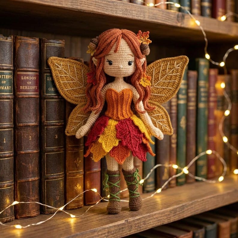 A handmade crochet autumn fairy doll with a light skin tone, wearing an orange corset and a layered red, yellow, and orange leaf skirt, with brown lace-up boots. The doll has long wavy auburn hair with acorn accessories and golden leaf-shaped wings. The doll is standing on a wooden bookshelf. Vintage leather books and warm fairy lights are to the left and right.