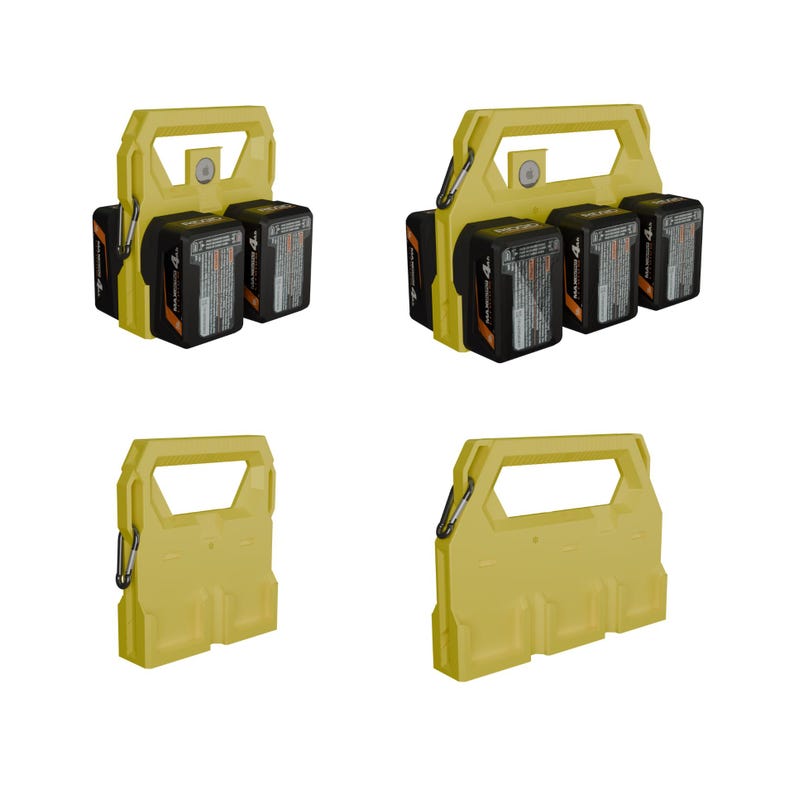 May include: Yellow battery holders with black and orange batteries. The holders have a handle and a carabiner clip. The batteries are labeled with black text on a white background. The image shows multiple views of the battery holders.