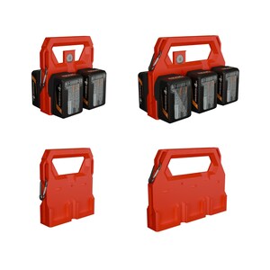 May include: Red battery holders with black batteries. The holders have a handle and are designed to hold multiple batteries. The batteries have black and orange labels. The holders are shown in different configurations.