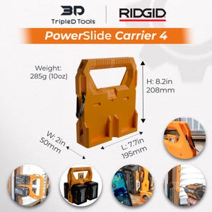 May include: An orange PowerSlide Carrier 4 with a handle, designed to hold tools. It weighs 10oz and measures 8.2 inches high, 7.7 inches long, and 2 inches wide. The product name and brand are visible.