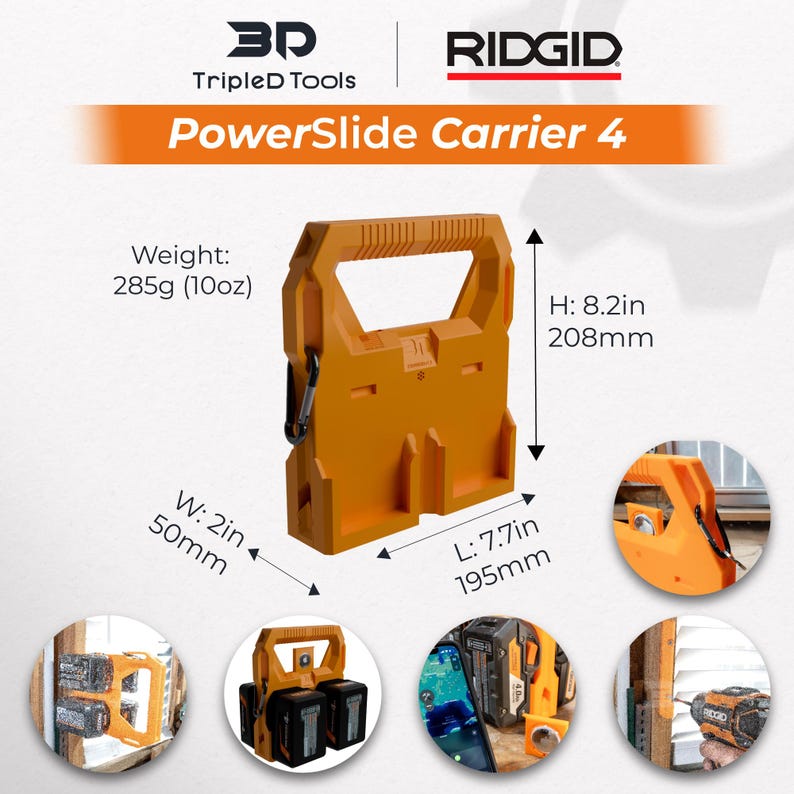 May include: An orange PowerSlide Carrier 4 with a handle, designed to hold tools. It weighs 10oz and measures 8.2 inches high, 7.7 inches long, and 2 inches wide. The product name and brand are visible.
